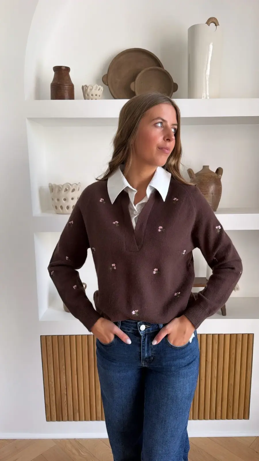 Pull Chemise Fleurs Marron