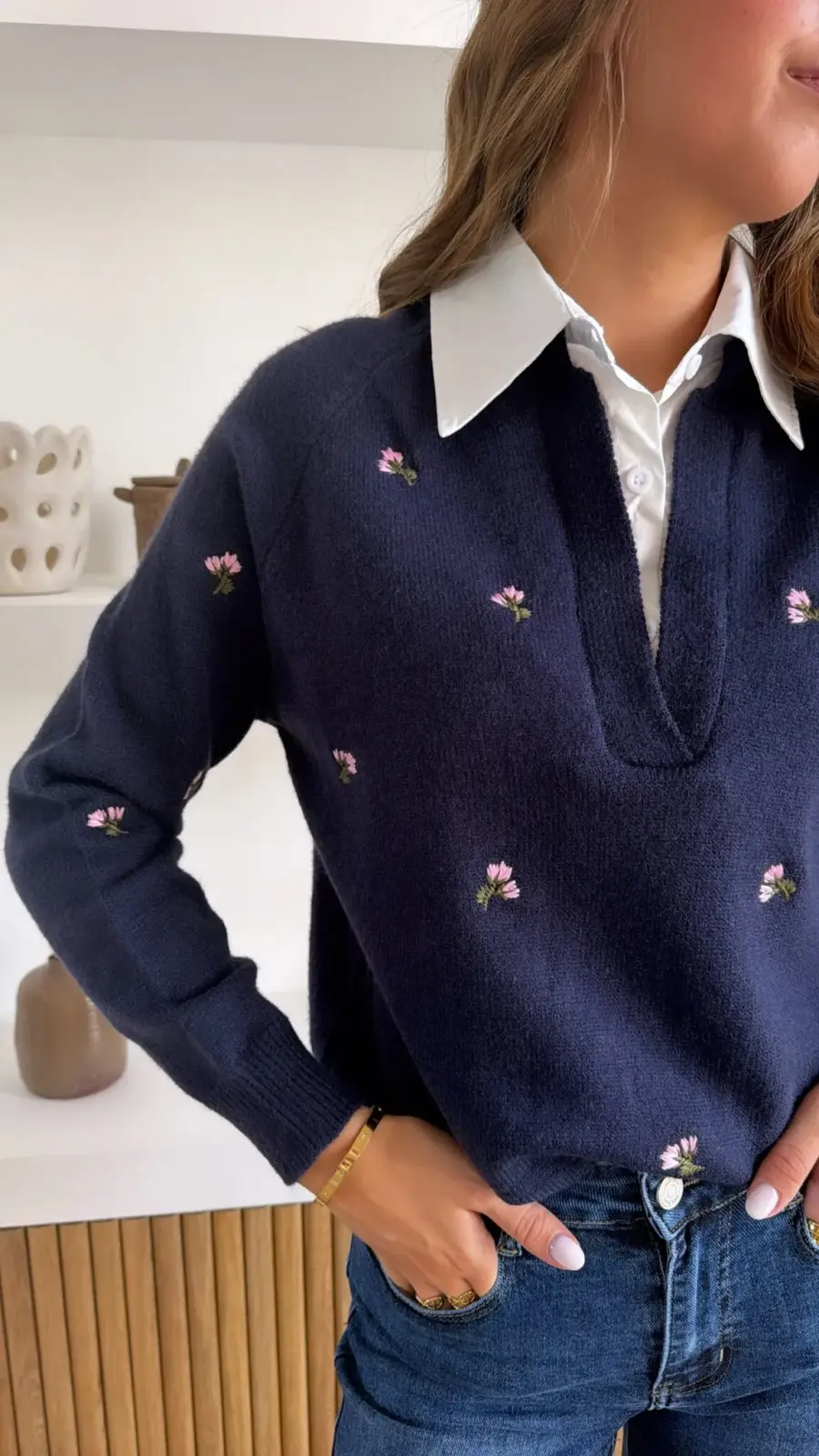 Pull chemise fleurs Marine