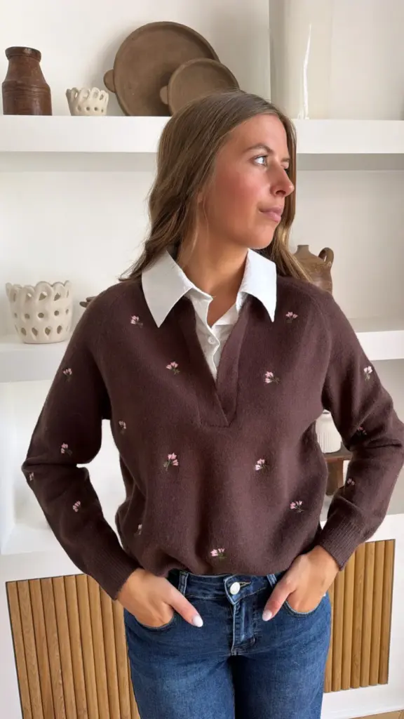 Pull Chemise Fleurs Marron
