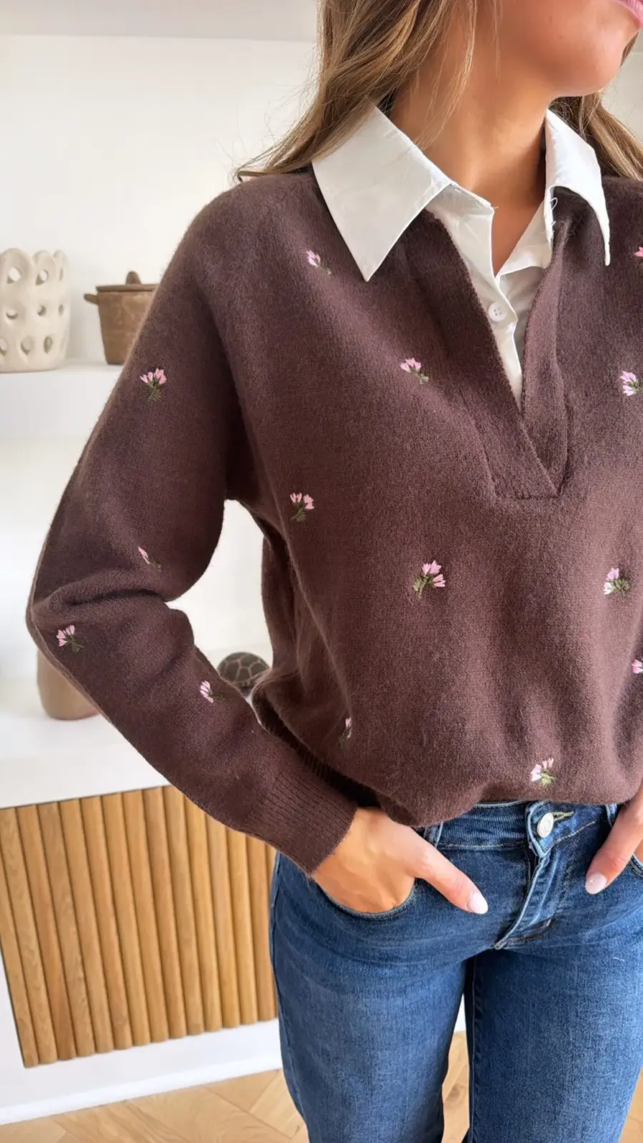 Pull Chemise Fleurs Marron