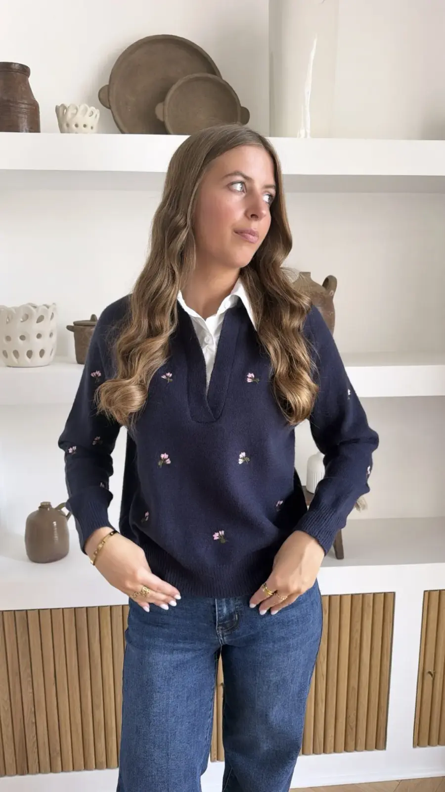 Pull chemise fleurs Marine