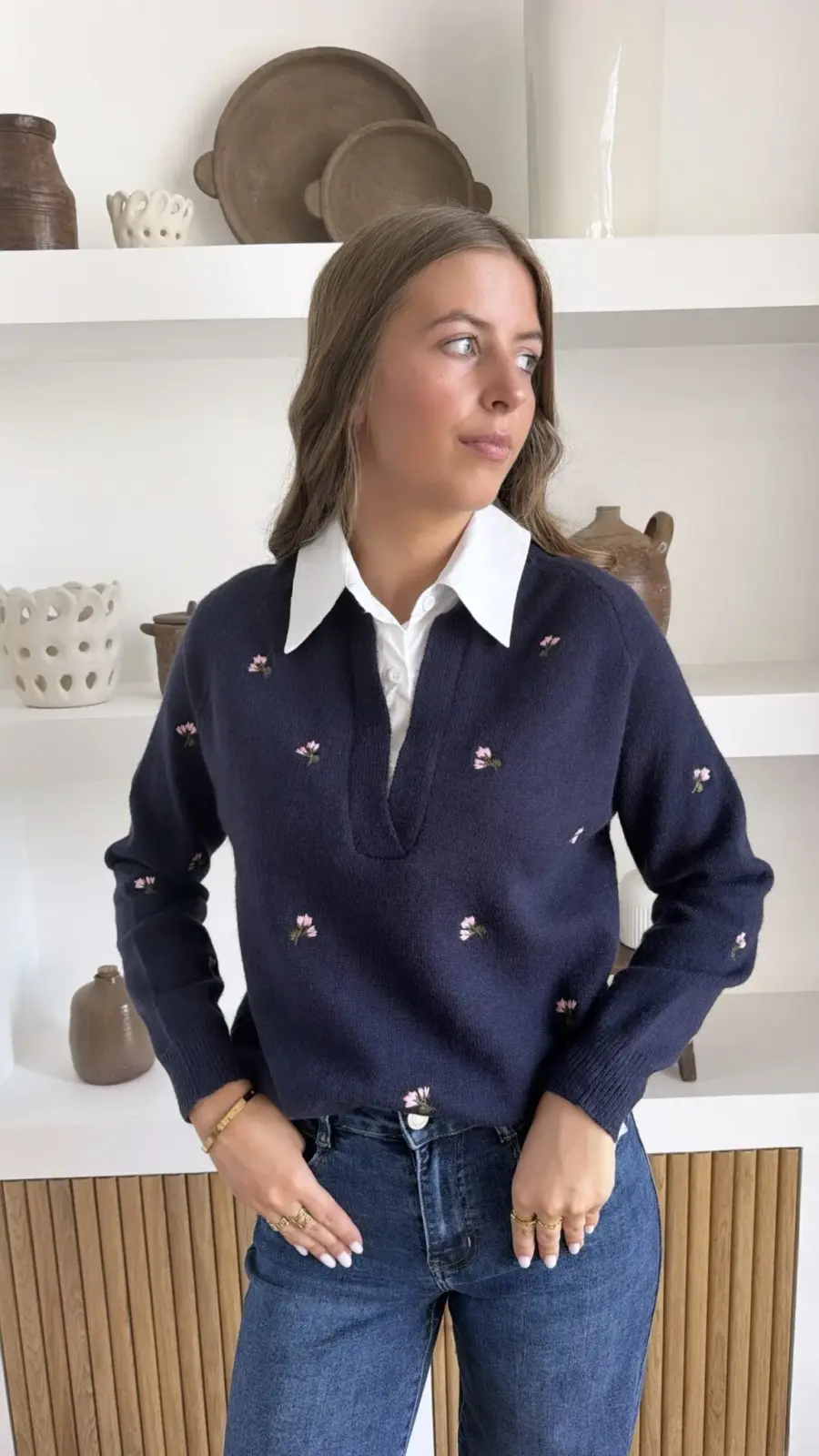 Pull chemise fleurs Marine